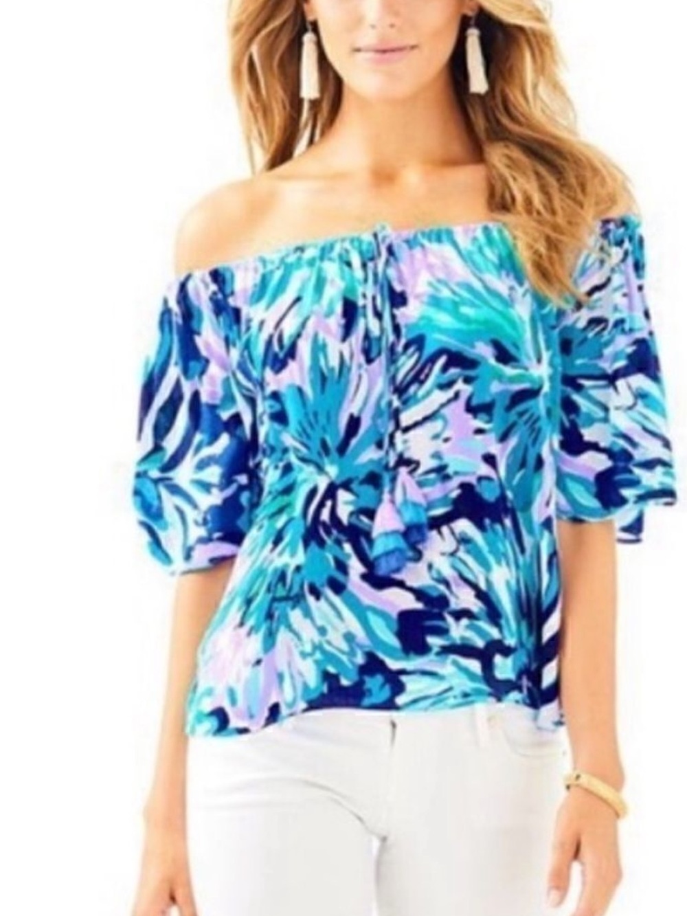 Lilly Pulitzer Sain Off-Shoulder Floral Blouse in Teal, Navy & Lavender. Small.